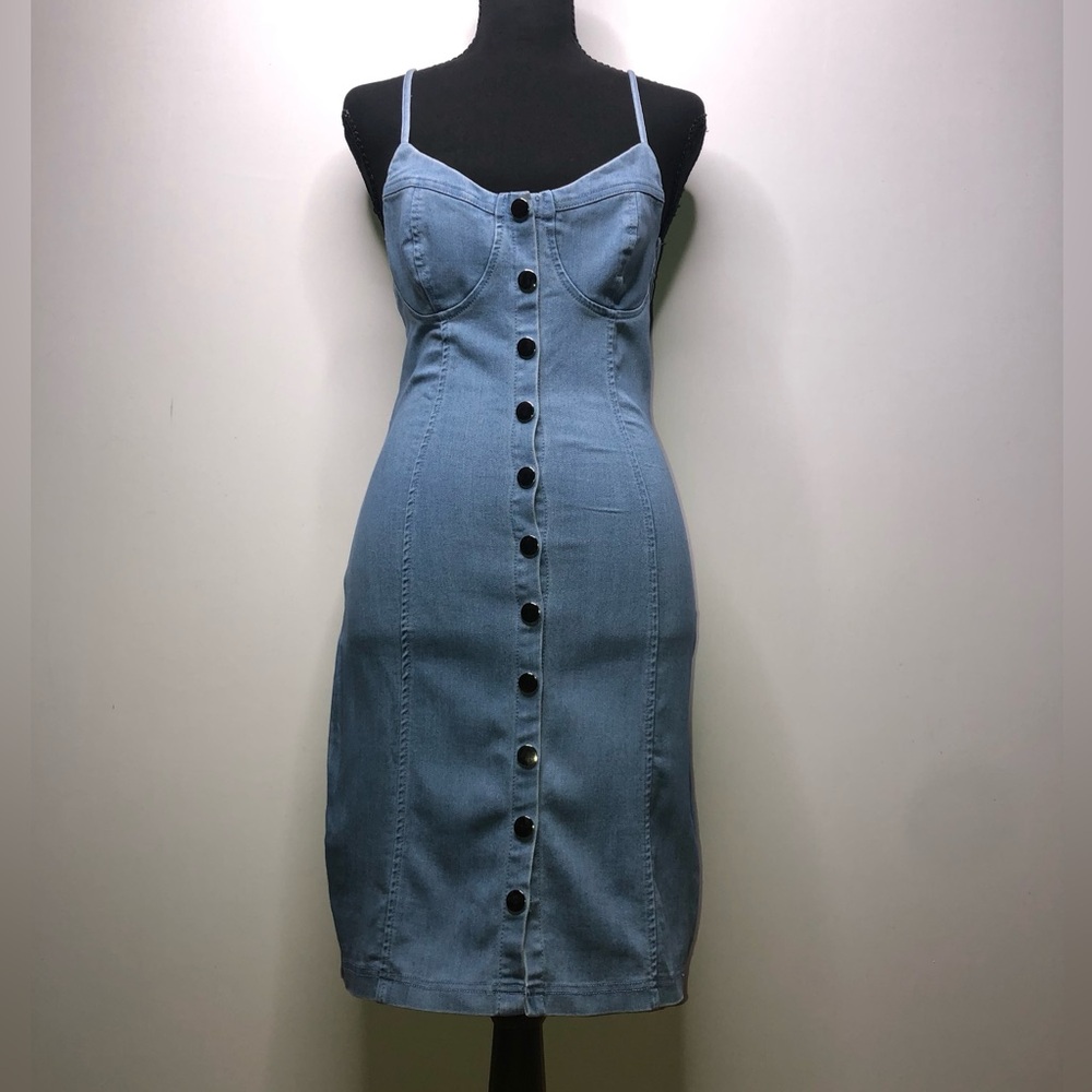 FashionNova Light Blue Denim Midi Medium Dress